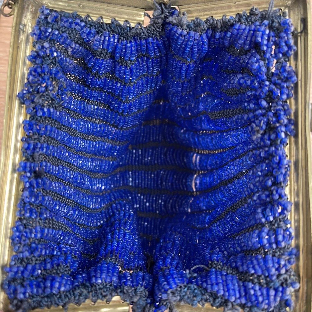 Vintage Cobalt Blue Beaded Evening Bag Kiss Lock Shell Purse Antique Brass Frame